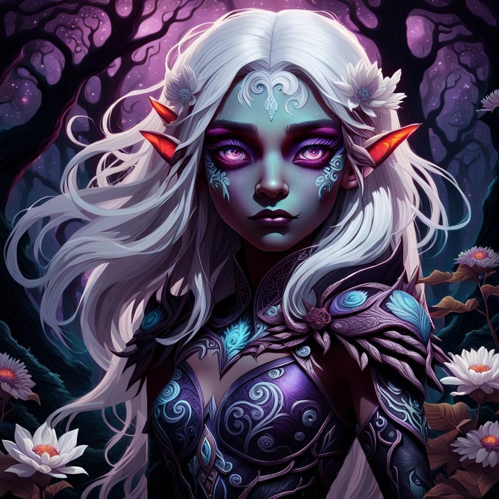 Onyx Elf with Monster in Dark Fantasy Illustration