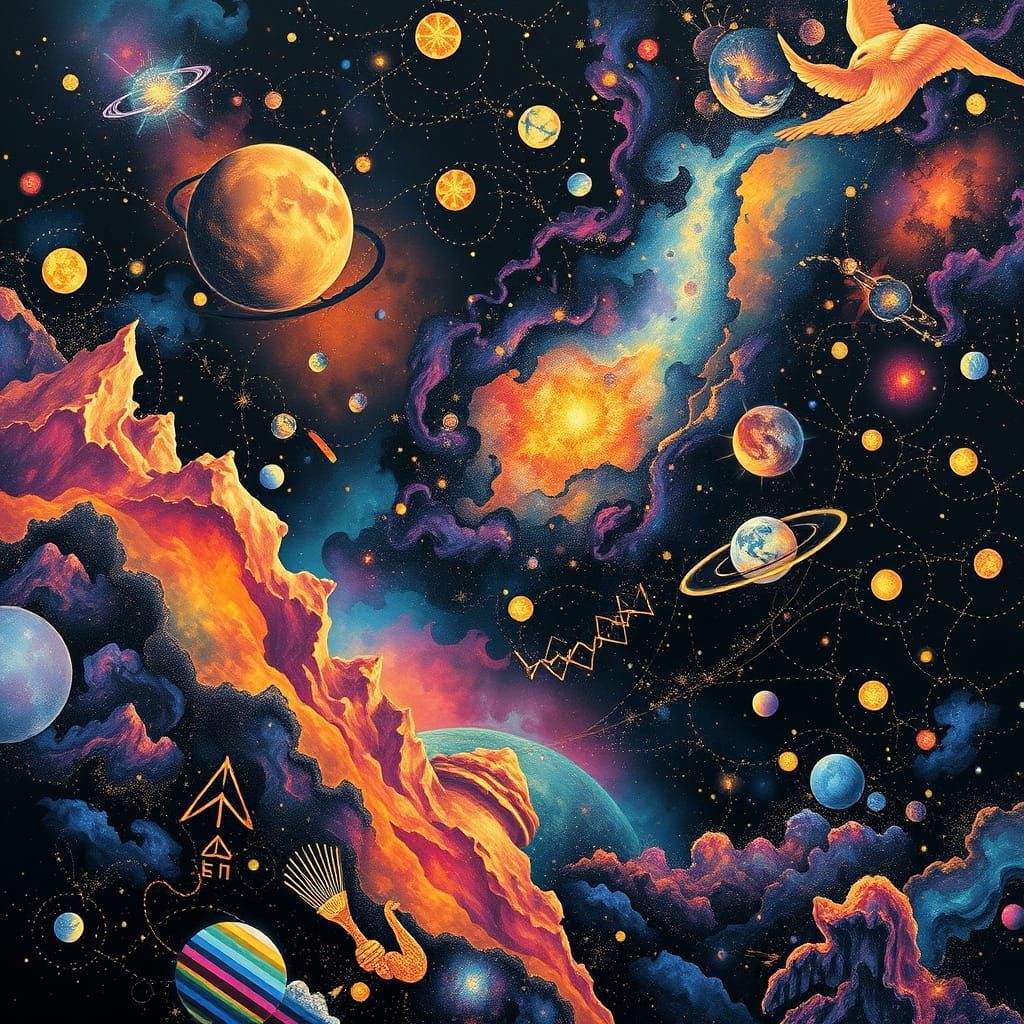 Mystical Cosmic Scene with Gold Accents
