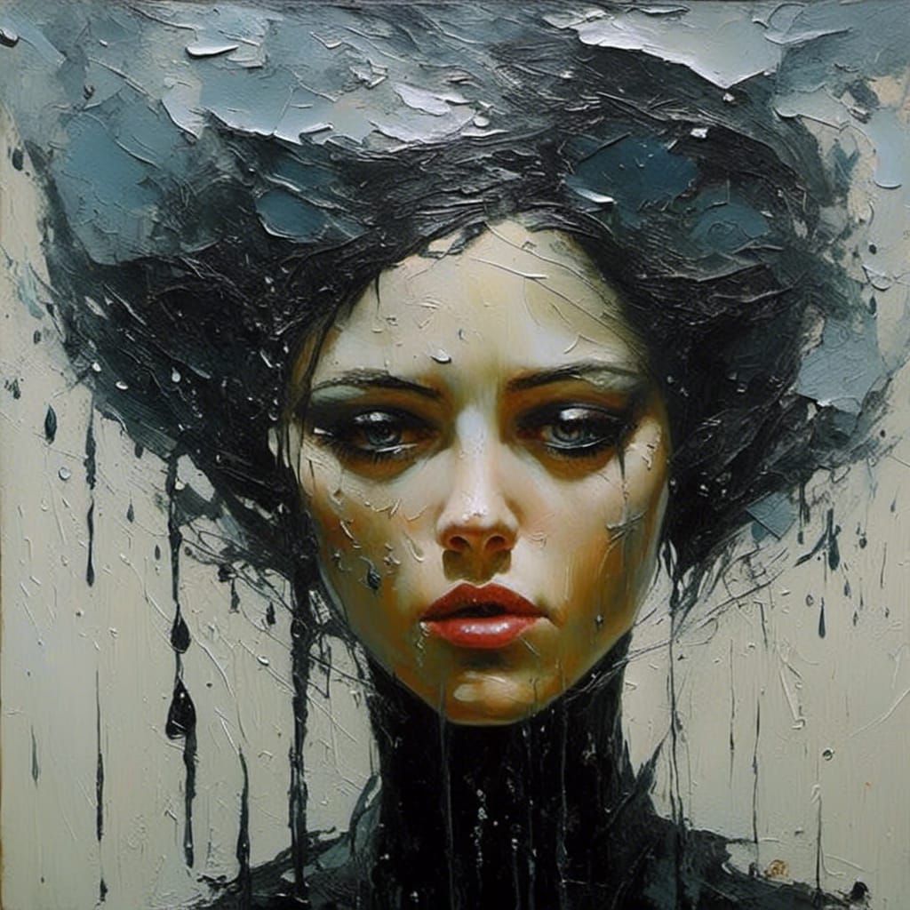 Woman's Portrait with Raindrops as Impasto Oil Painting