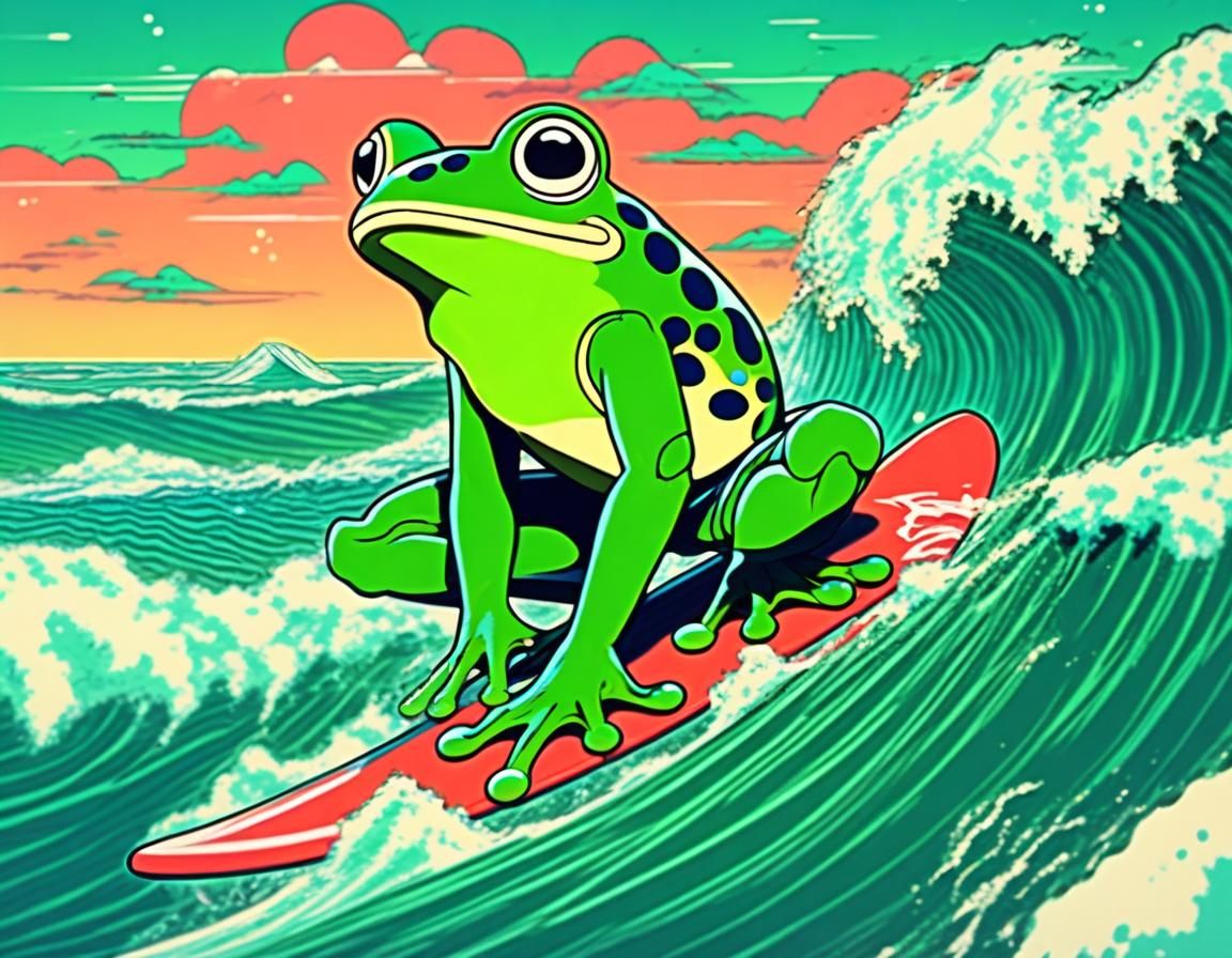 Prompt Concept: "90's Anime Art Style, Frog Surfing Waves"