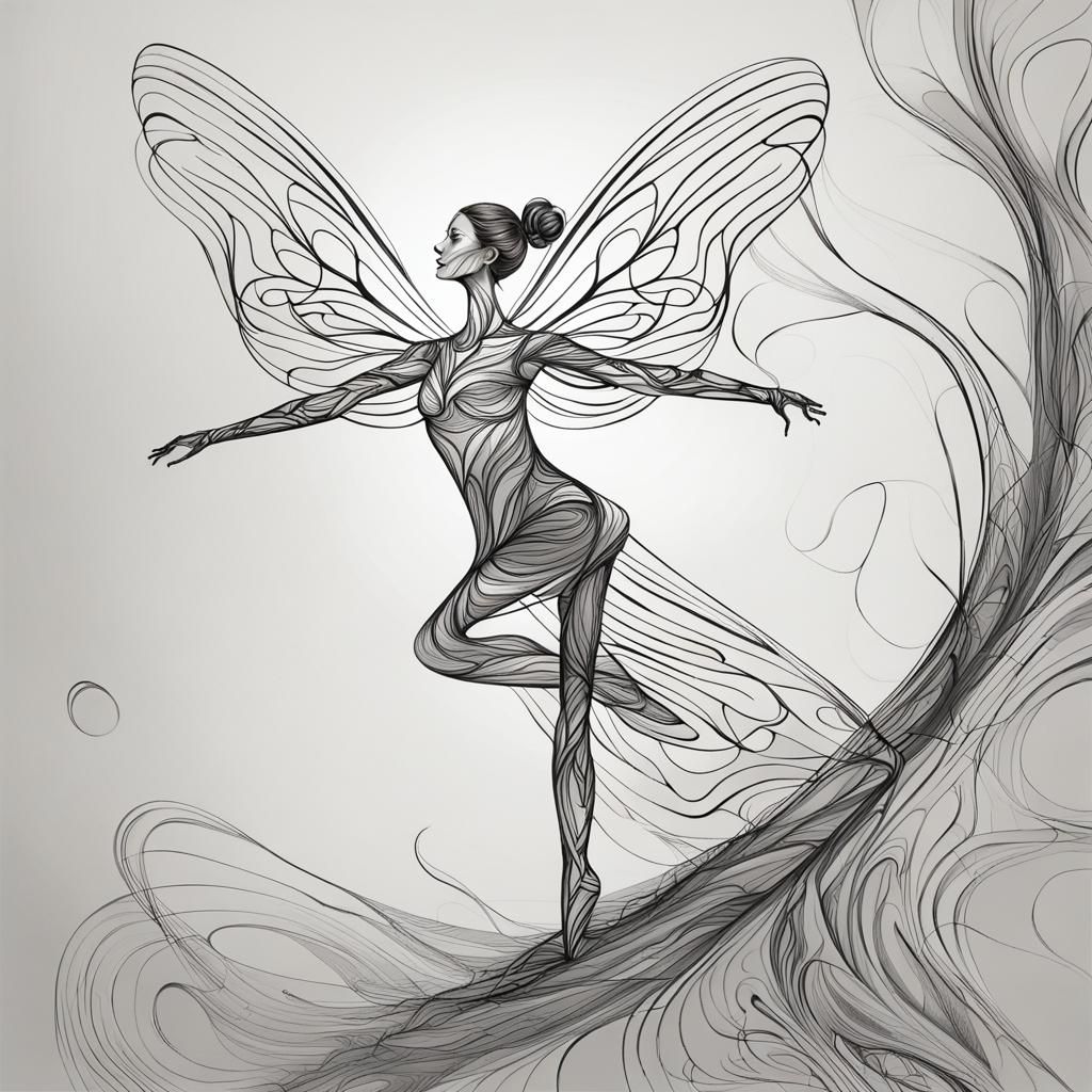 Fairy Ballerina Contour Line Art on Twisty Branch