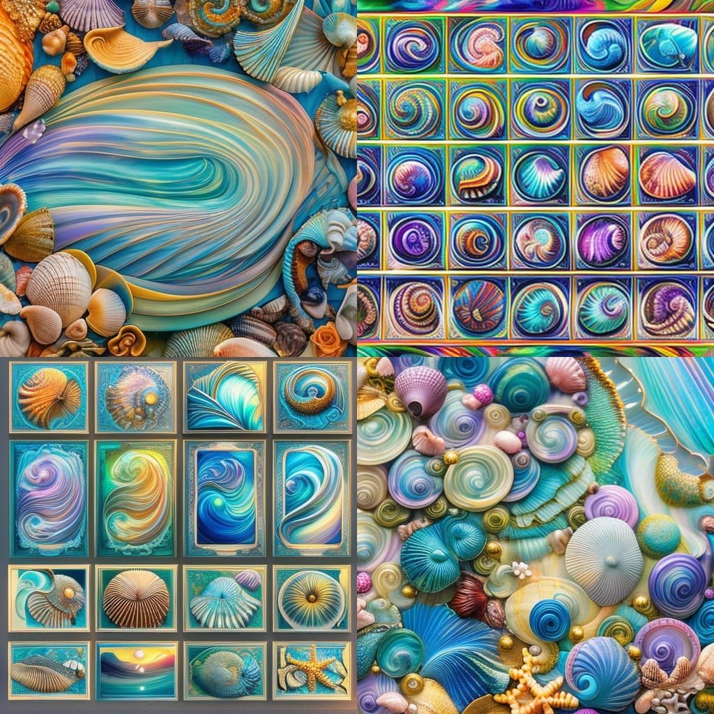 Ocean Waves and Seashells in Art Nouveau Style