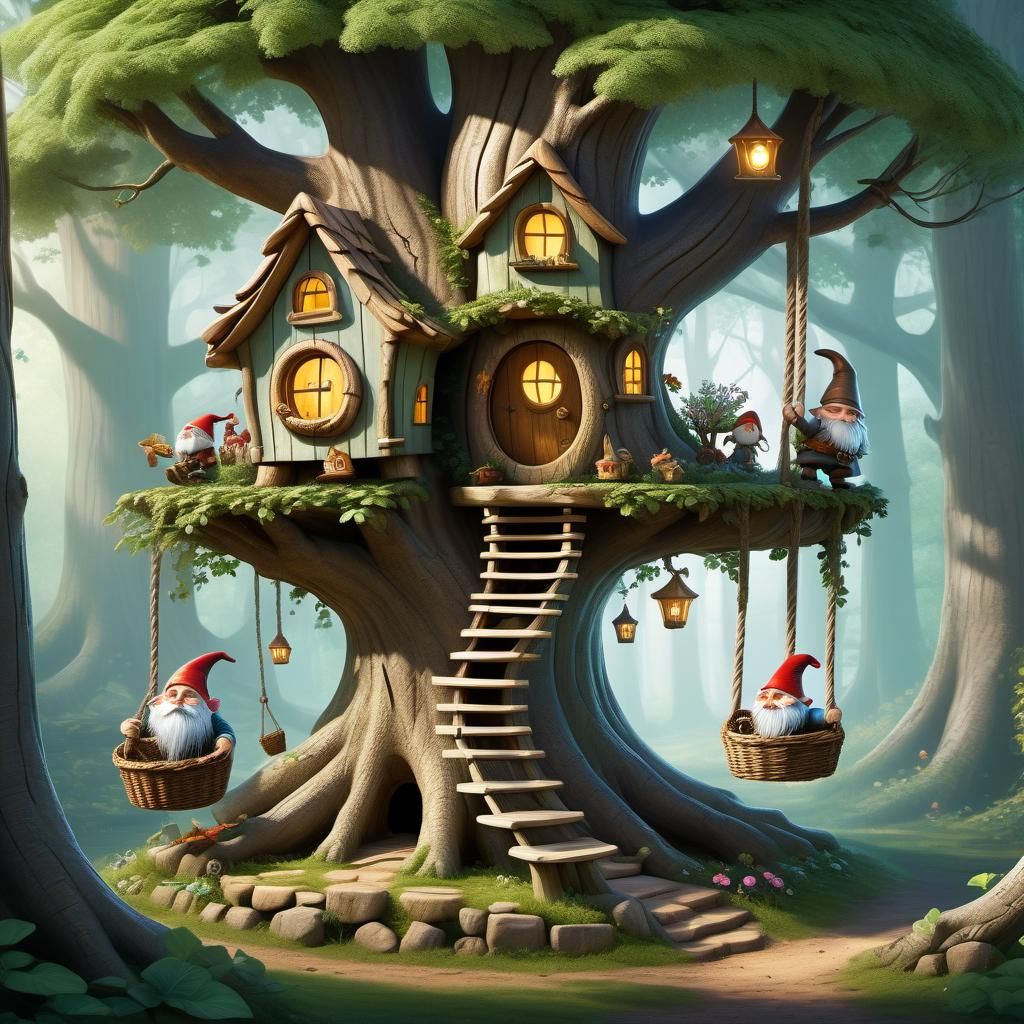 A charming, scene of a treehouse nestled in a sturdy tree, in an enchanted forest. A swing gently sways, while a bicycle...