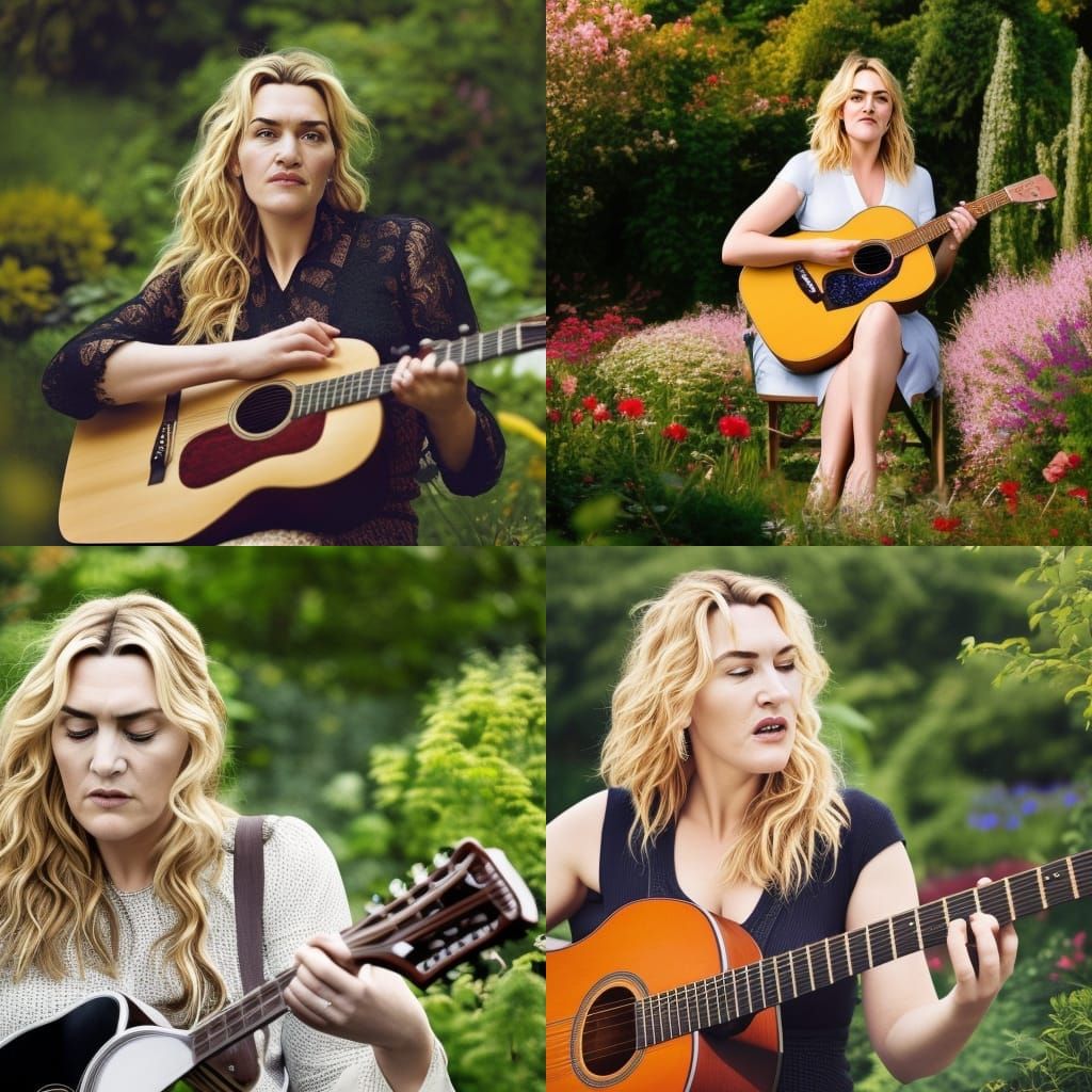 Kate Winslet Plays Guitar in Garden Photo