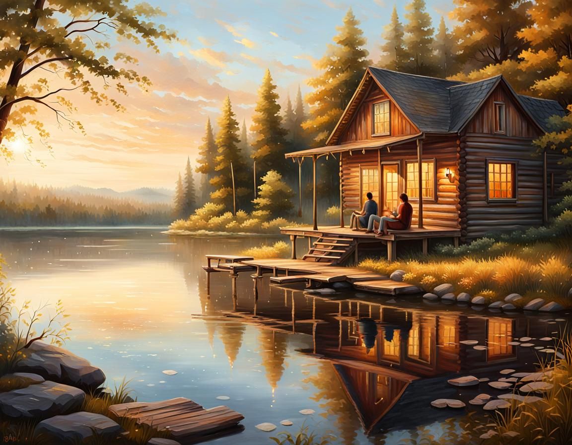 Tranquil Lake Cabin Landscape in Watercolor Style