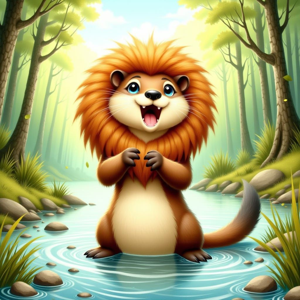 Playful Otter in Lion Mane Costume Roars on Riverbank