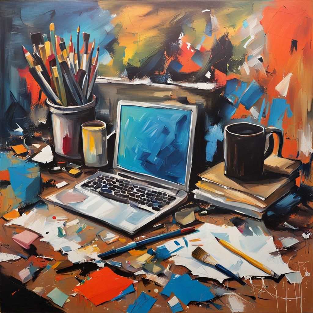 Abstract Still Life Painting of a Messy Desk