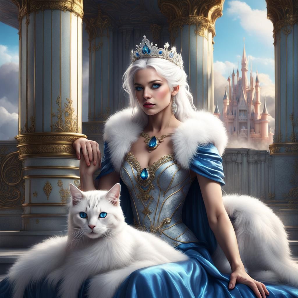 Woman with Cat on Throne in Fantasy Castle