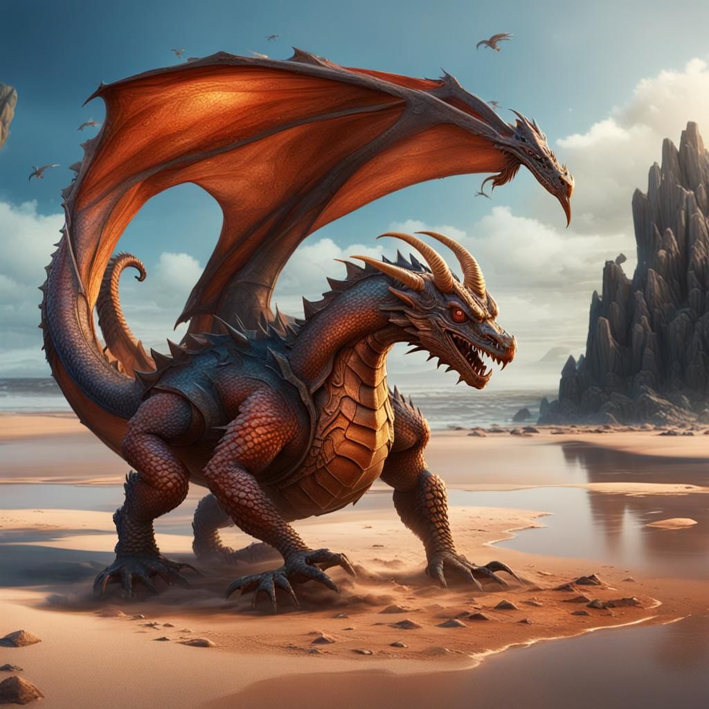 Copper Dragon with Crab on Chest, Fantasy Art