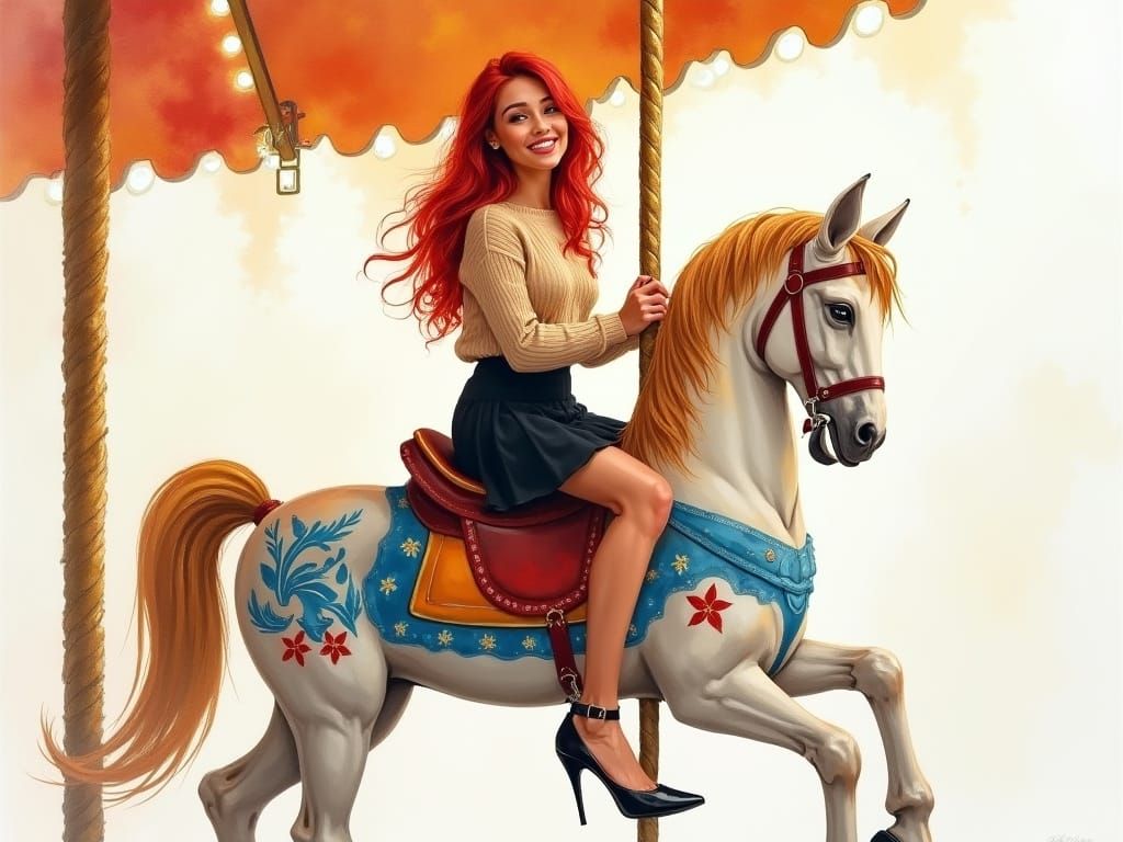 Whimsical Woman on Carousel Horse in Impressionist Watercolo...