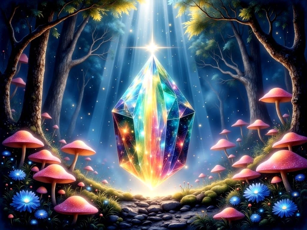 Crystal Prism Refracts Rainbow Light in Bioluminescent Fores...