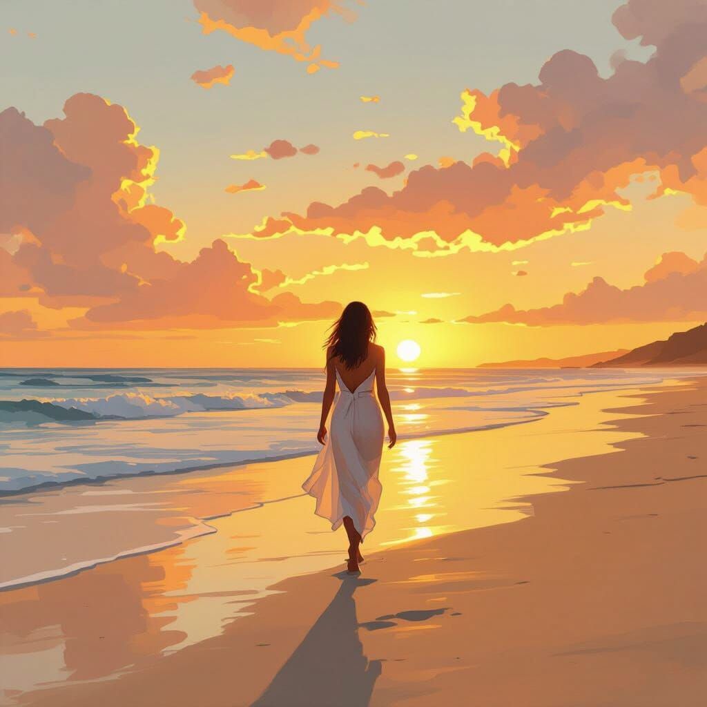 Woman Walking on Beach at Sunset, Dreamy Art