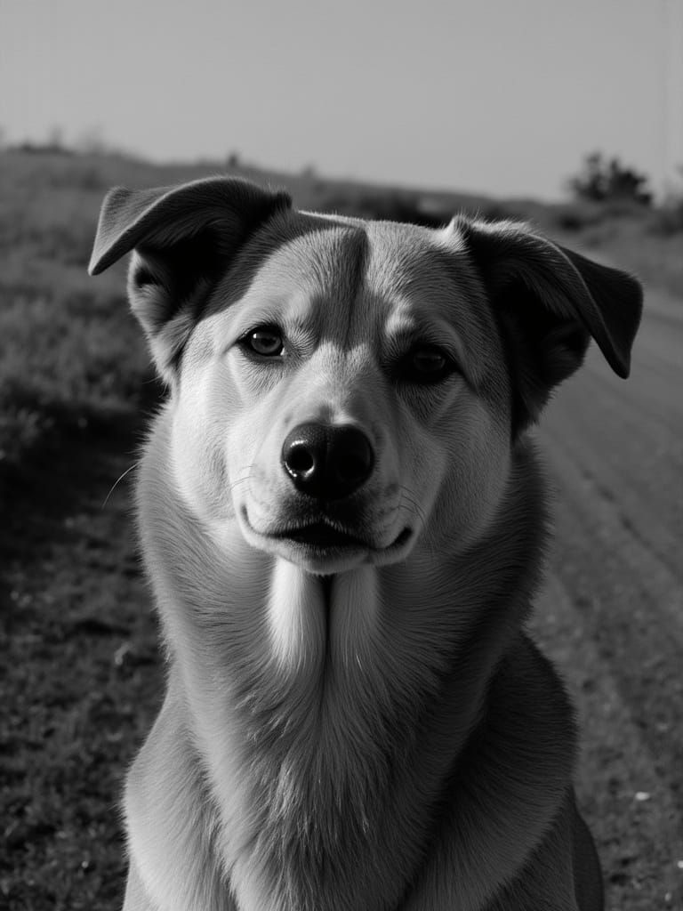 Black and White Portrait of a Dog Relaxing in Sunlight