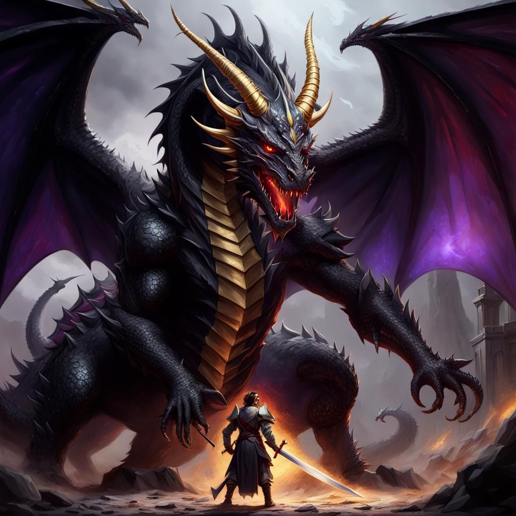 Menacing Black Dragon Glaring at Knight