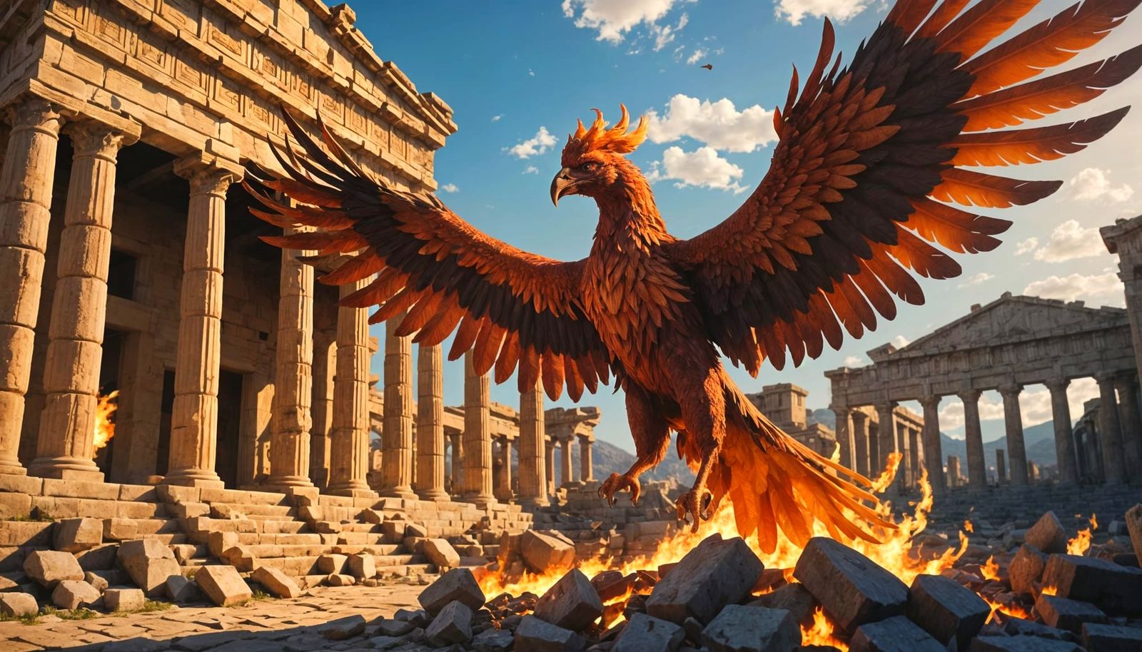 Fiery Phoenix Over Ancient Greek Ruins in Anime Style