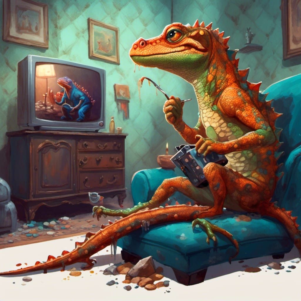 Lizard-Man Brushing Teeth in Jansson Style