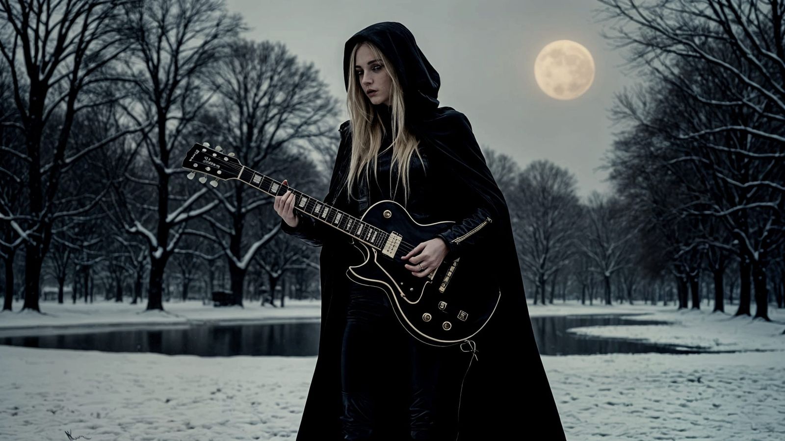 Goth Goddess Plays Guitar Under Moonlit City Sky