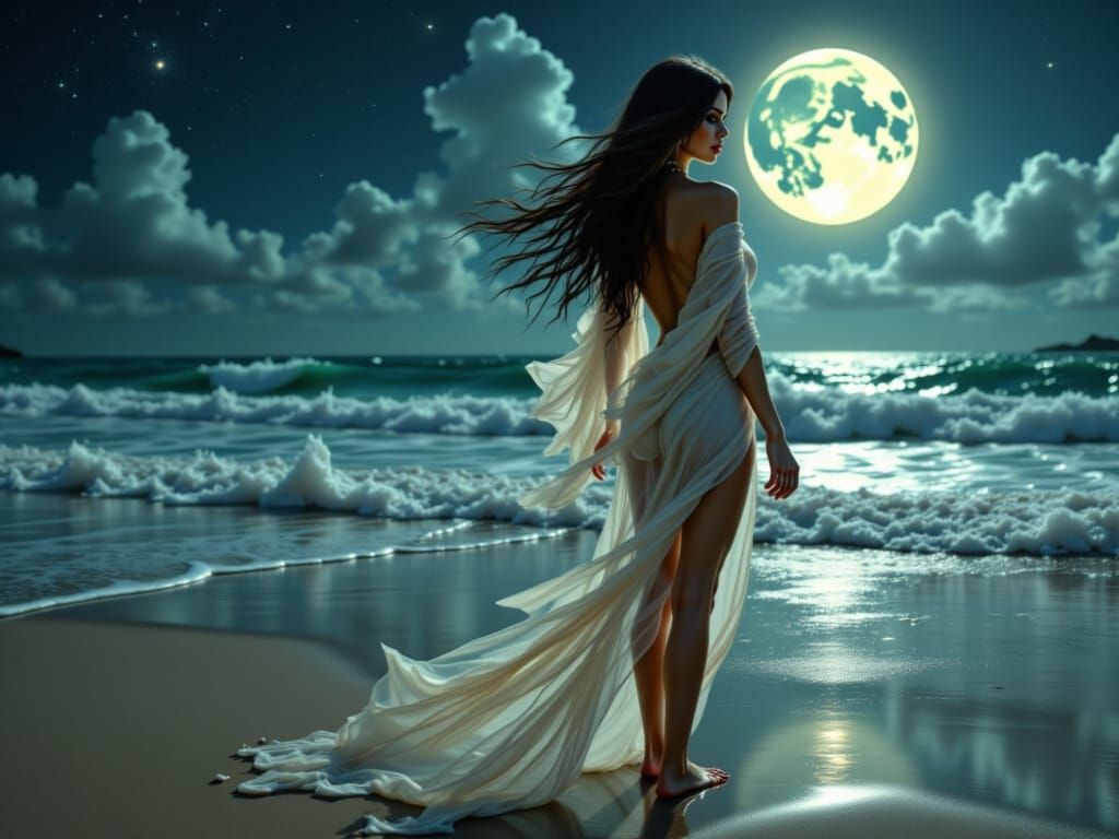 Sensual Goddess Emerges from Moonlit Waves in an Art Nouveau...