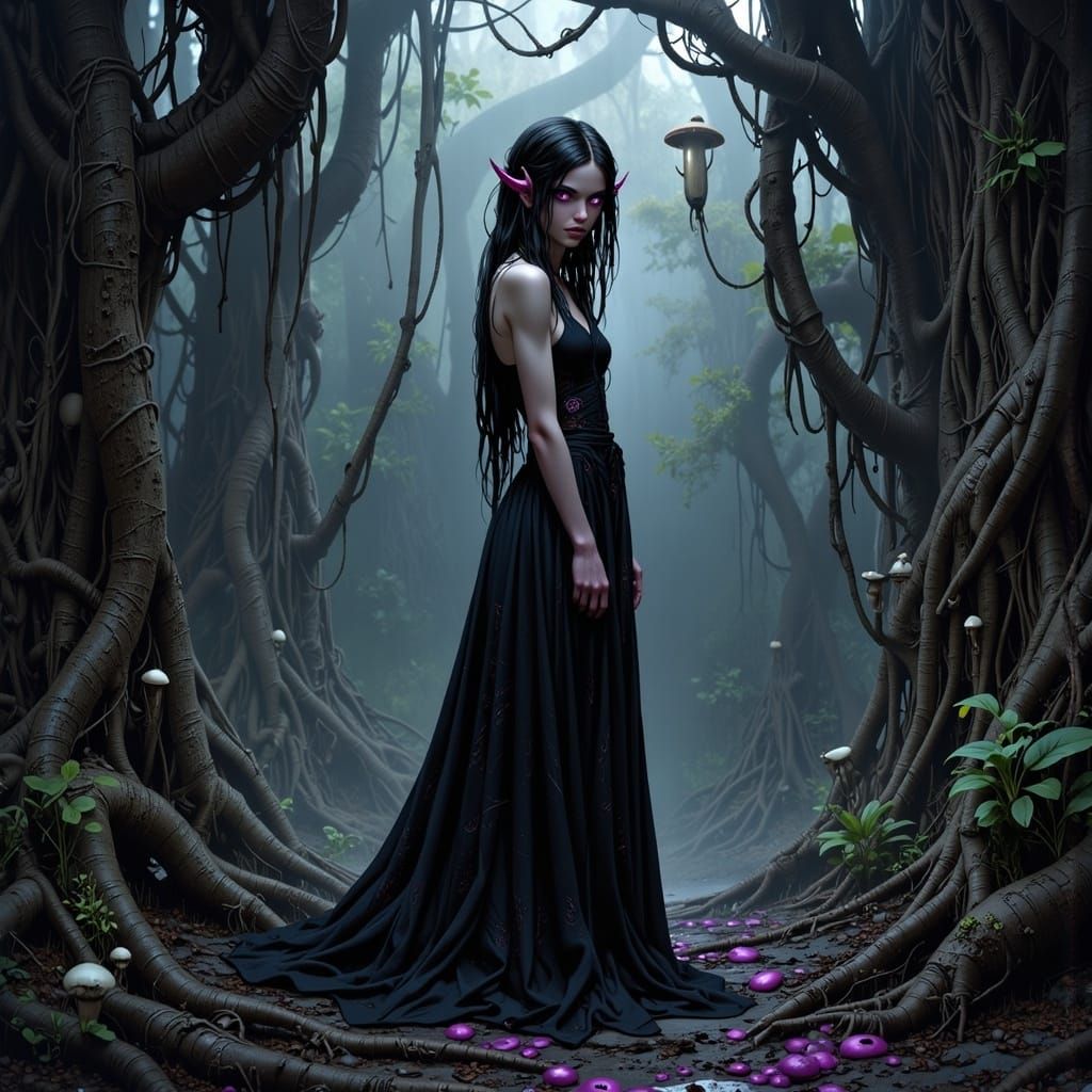 Enderman Girl on Mushroom Island in Noir Style