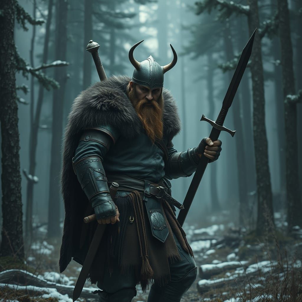 Viking Warrior in Mystical Forest, Atmospheric Digital Art