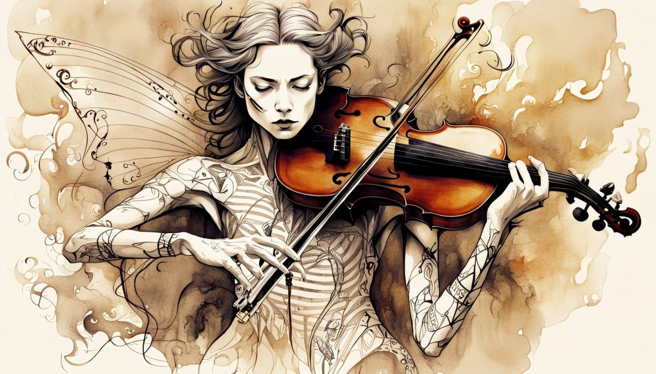 Faery Cello Hybrid in Bold Tattoo Illustration Style