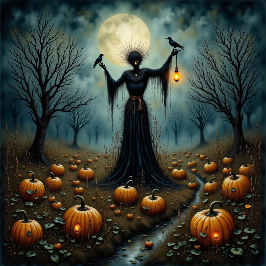 Gothic Scarecrow Summoning Souls in Moonlit Cornfield
