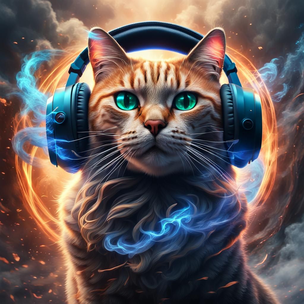 Cat Soaring Through Smoke Rings: Fantasy Concept Art