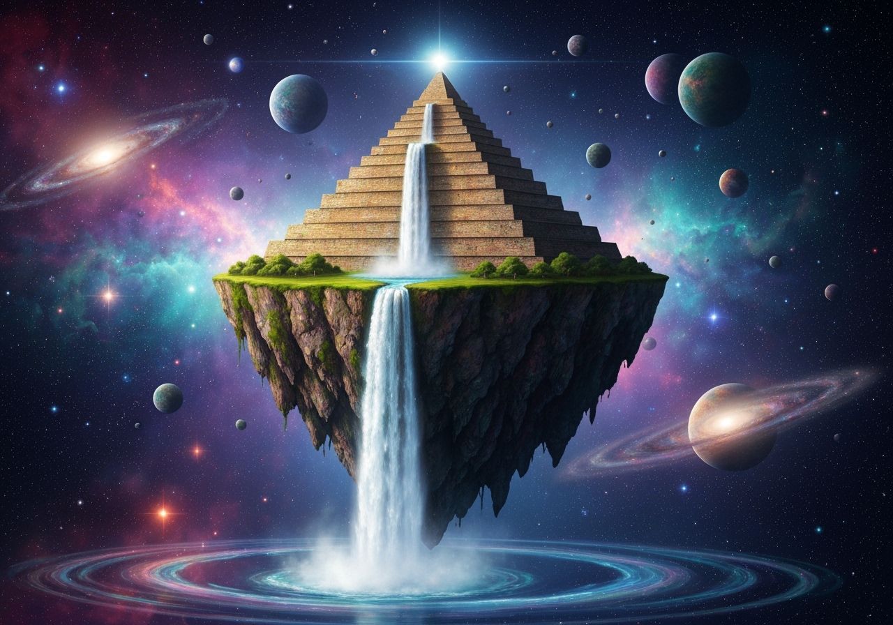 Floating Pyramid Island Waterfall in Cosmic Abyss