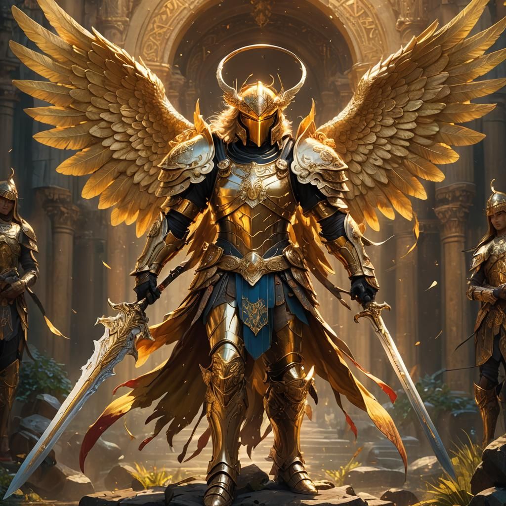 Golden Angel Warrior with Swords in Fantasy Art Style