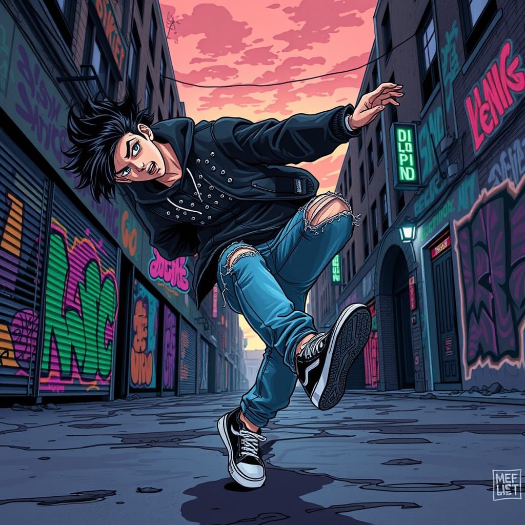 Futuristic Breakdancer in Neon-Lit Urban Landscape