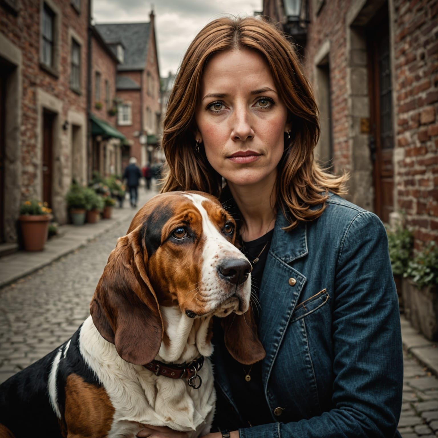 Attractive Woman Poses With Basset Hound in Cinematic Style
