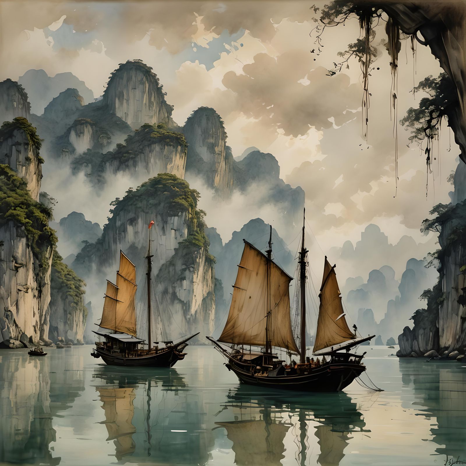 Halong Bay Junk in Tachisme Brushwork Style