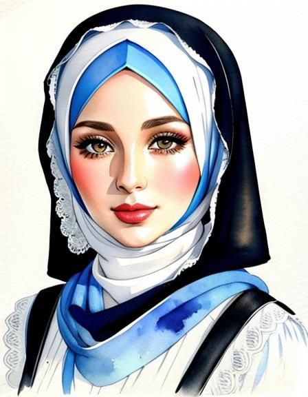 Detailed Watercolor Portrait of a Cute Hijabi Woman
