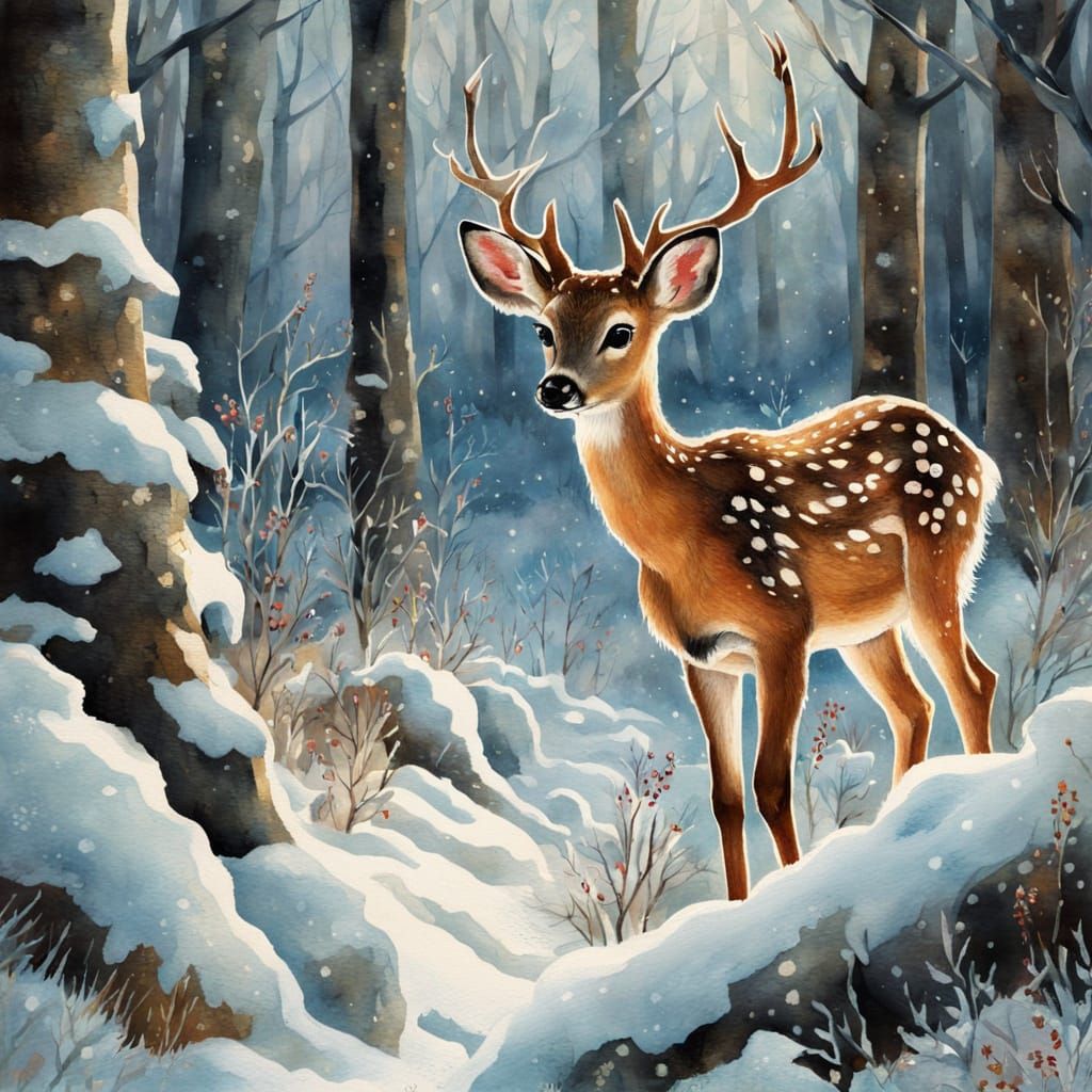 Cute Fawn in Winter Forest Watercolour Painting