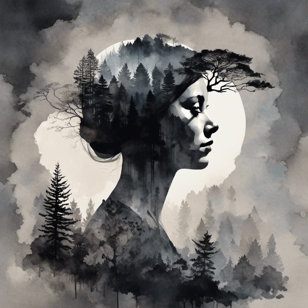 Surreal Double Exposure Silhouette and Landscape