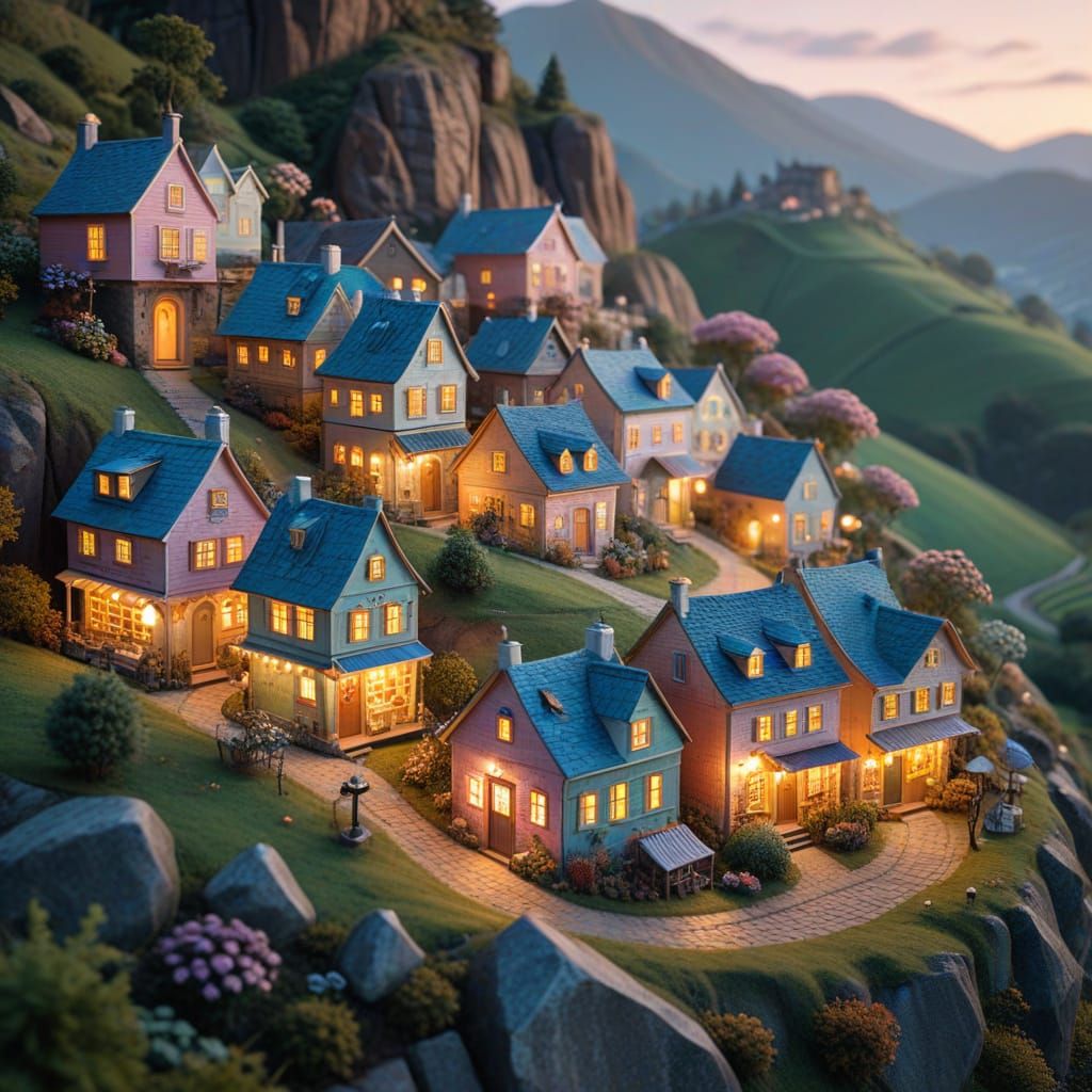 Whimsical Low-Poly Town Amidst Rolling Hills