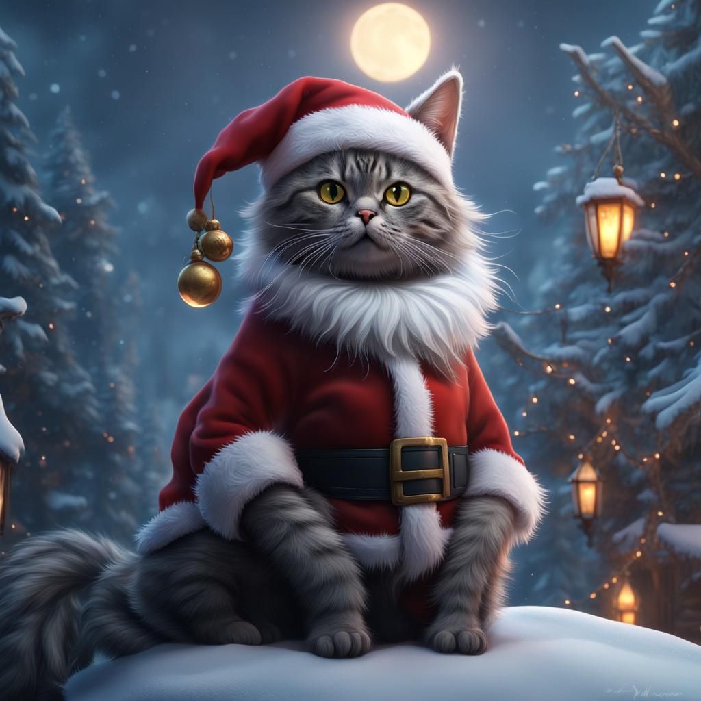 Detailed Matte Painting of a Santa Cat