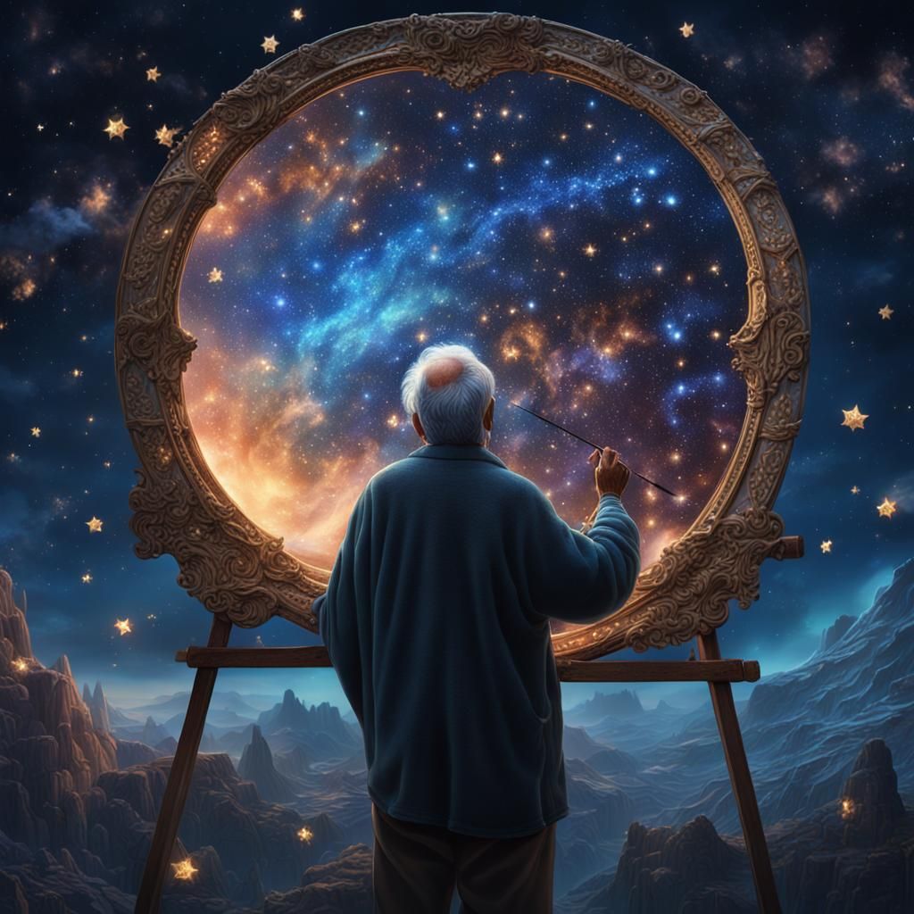 Old Man Paints Woman in Starry Night Sky