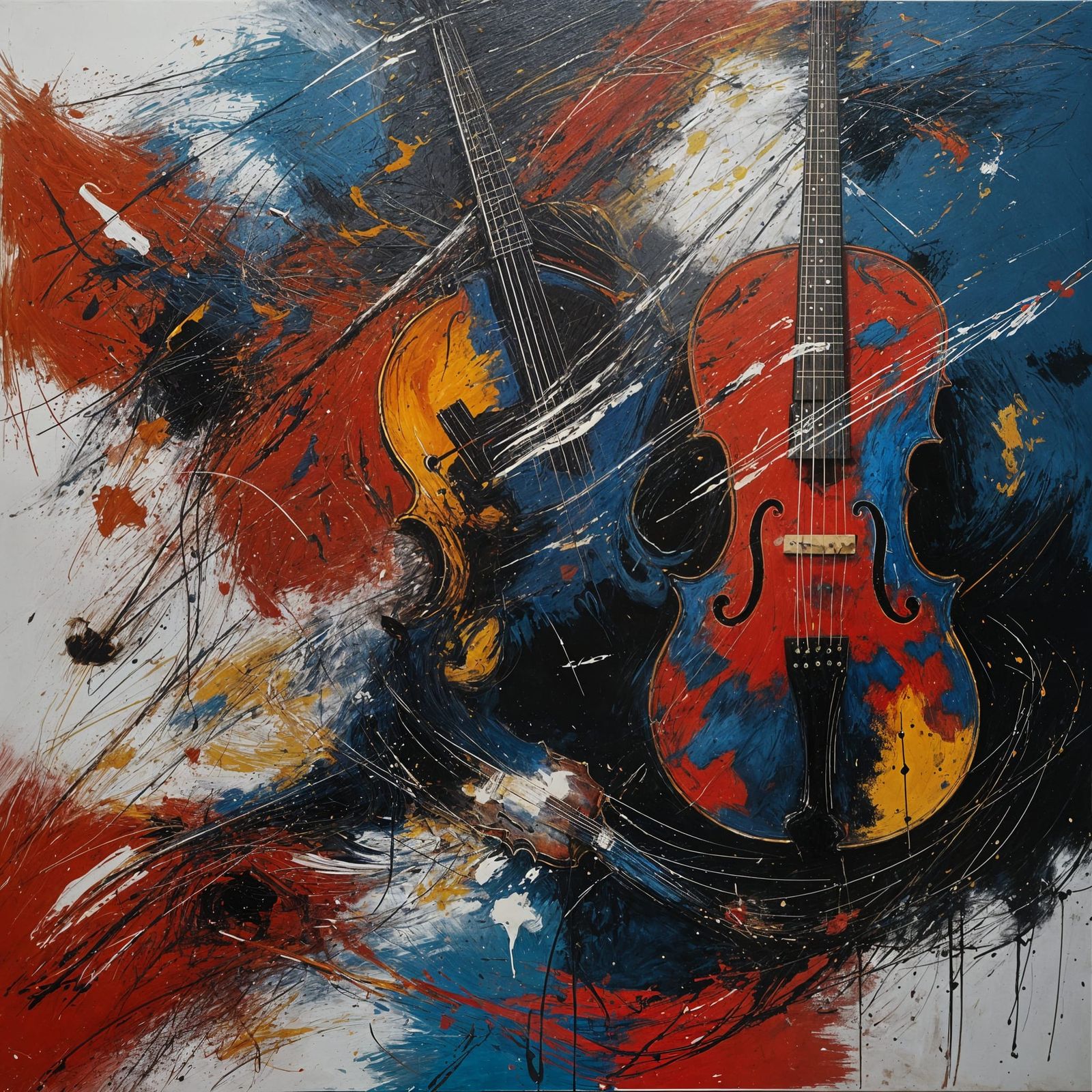 Action Painting. Medium shot. A violin, guitar, and piano entwined together in a swirling dance. Low-angle shot. Express...