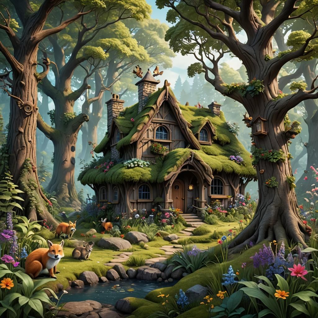 Woodland Cottage Animal Coloring Page: Detailed Fantasy Art