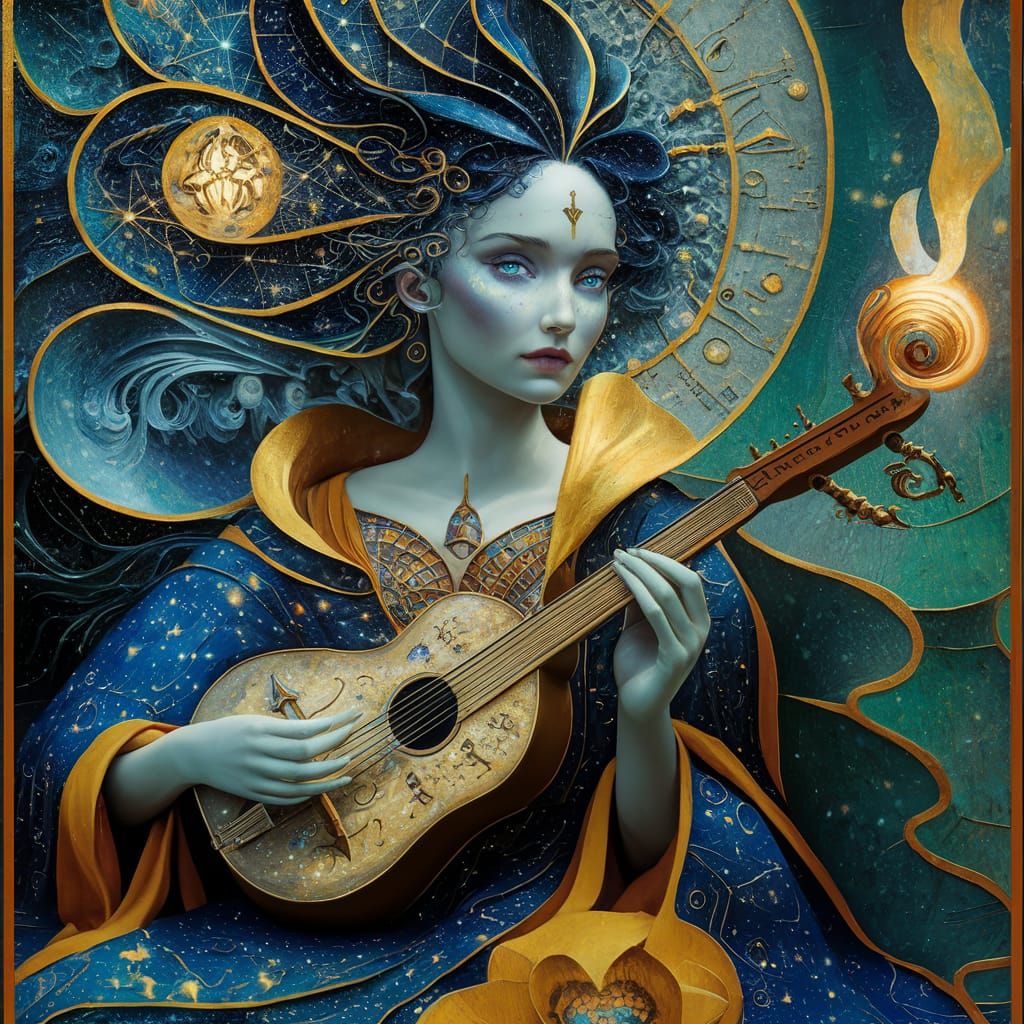 Female Starlight Bard Inspired by Klimt's Cosmic Art