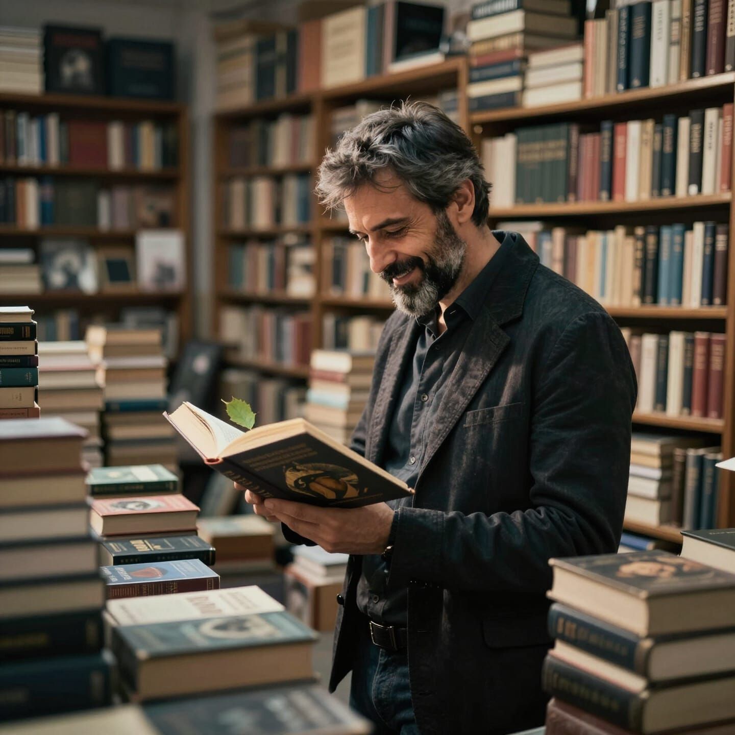 Happy Man in Vast Bookstore, Golden Hour Glow