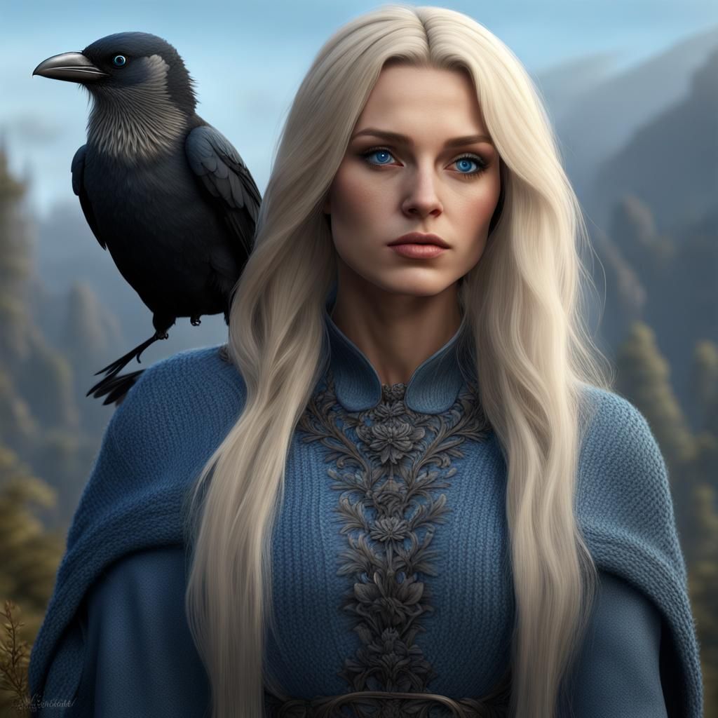 Woman and Jackdaw: Detailed Fantasy Concept Art