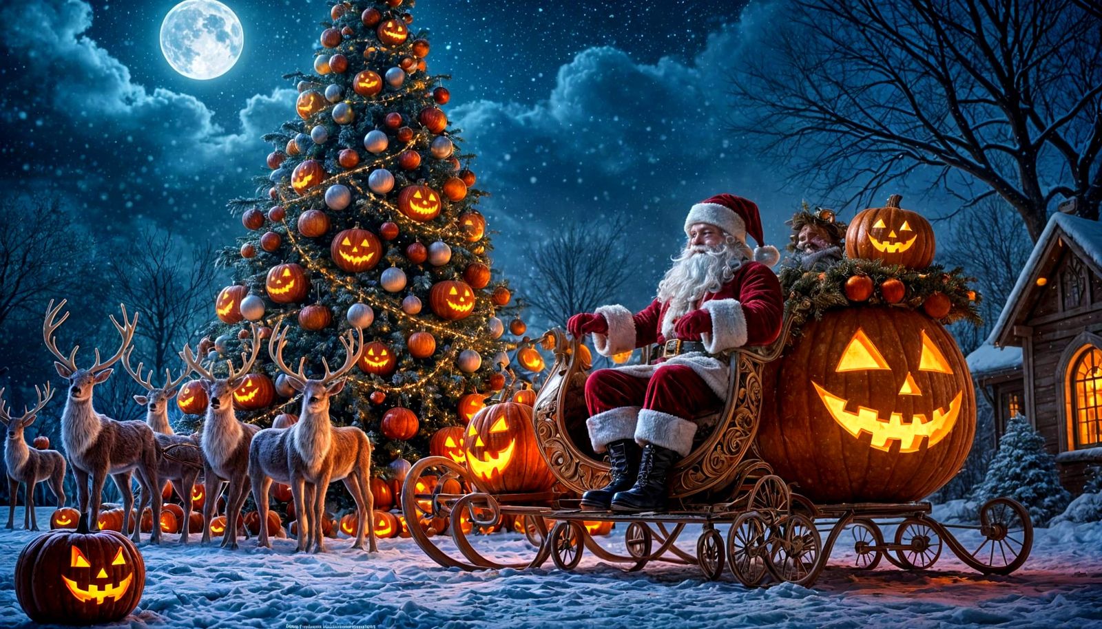 Santa Claus Rides Pumpkin Sleigh in Halloween Christmas Fusi...