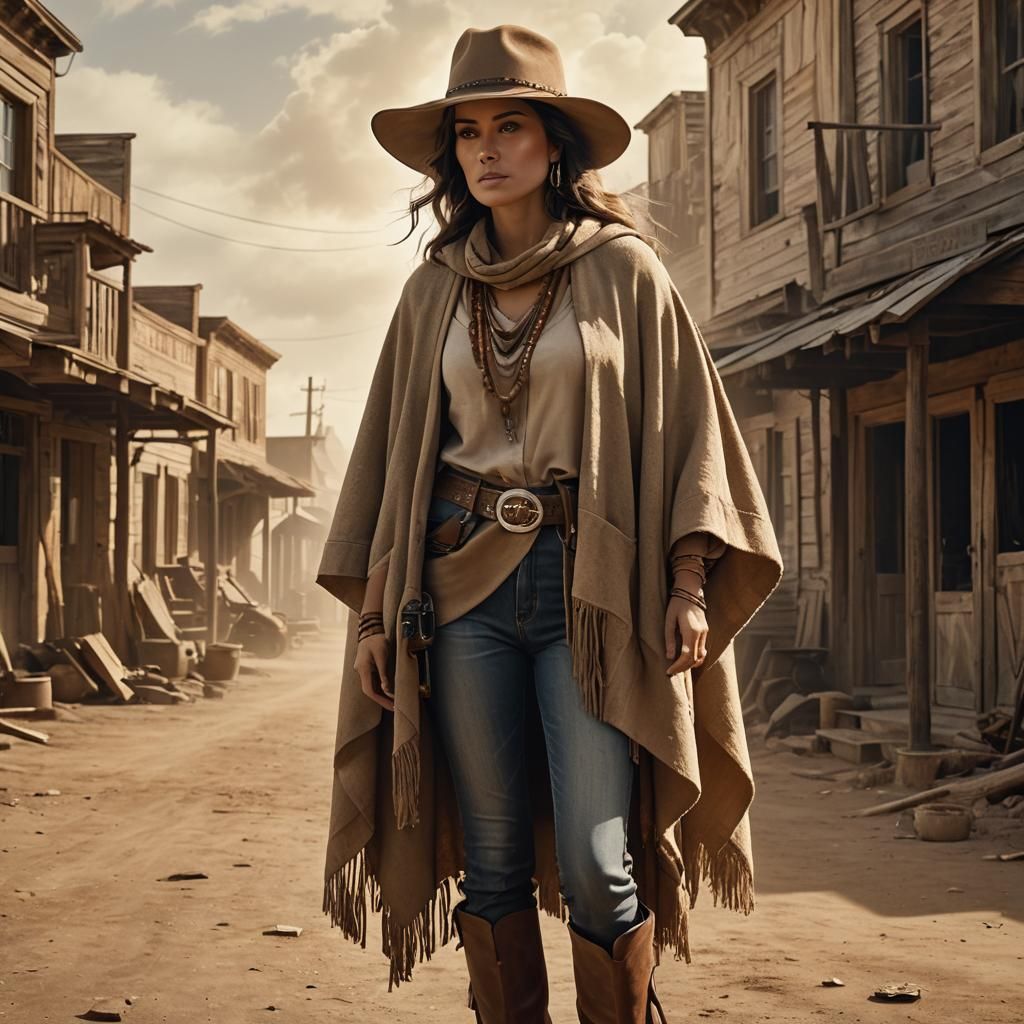 Stoic Woman in Desert Town: Western Concept Art