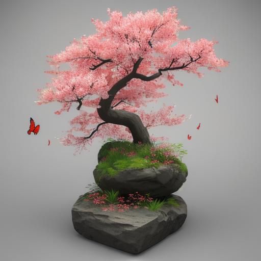 Sakura Branch with Red Butterflies in Anime Style