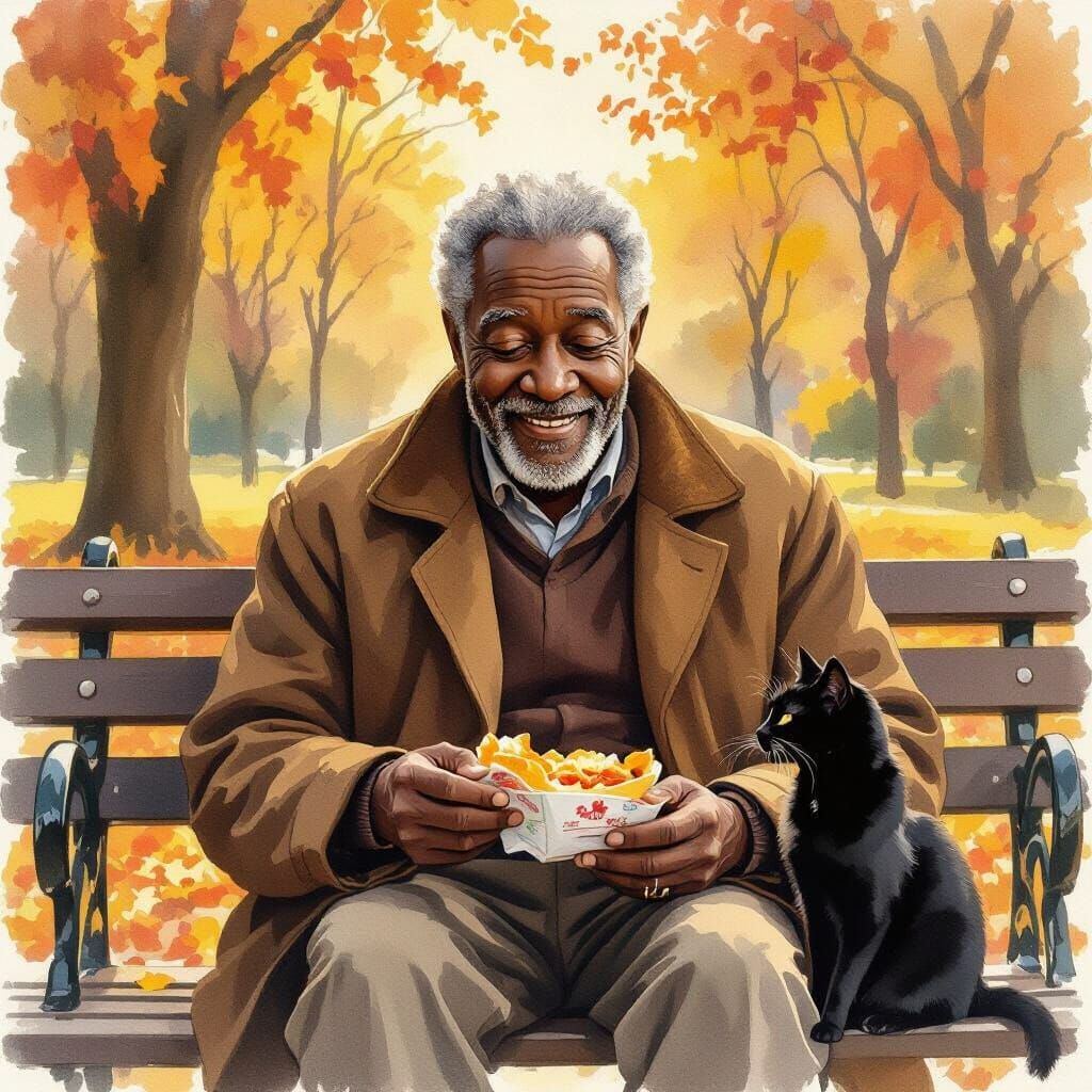 Kind Man Shares Lunch With Cat in Autumn Park