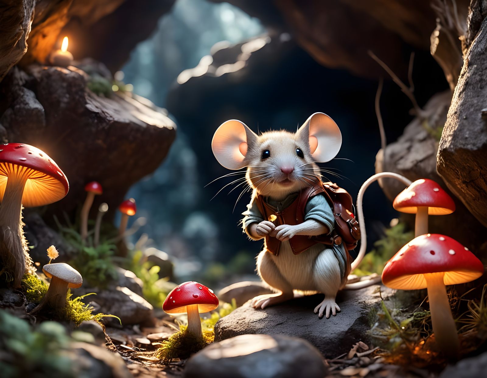 Whimsical Medieval Mouse Explores Dark Cavern
