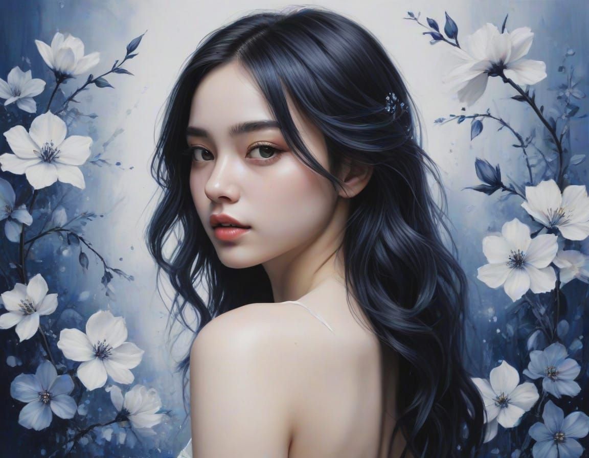 Delicate Blossom in Indigo and White, Oil on Canvas