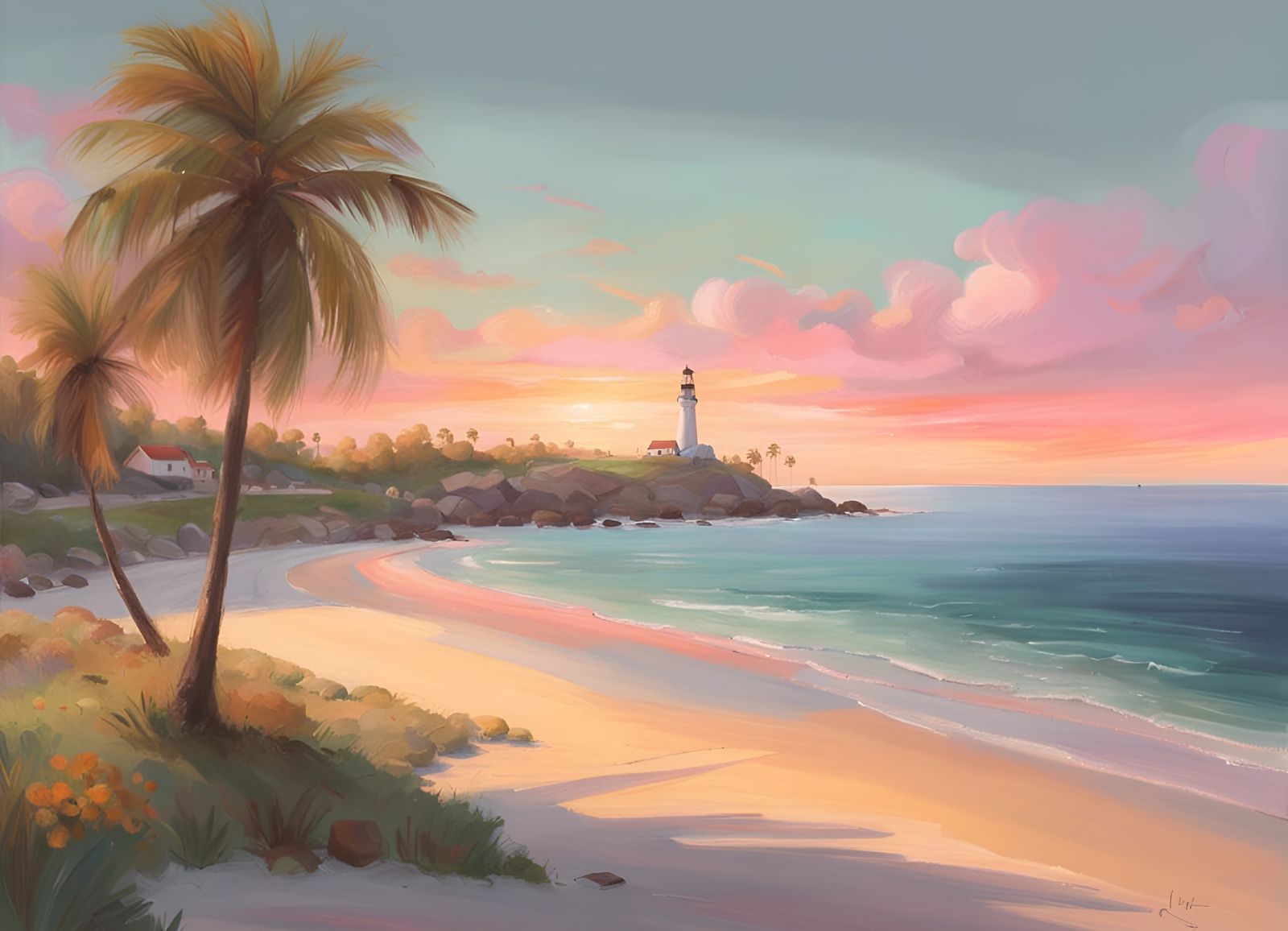 Oceanic Island Sunset in Pastel on Canvas